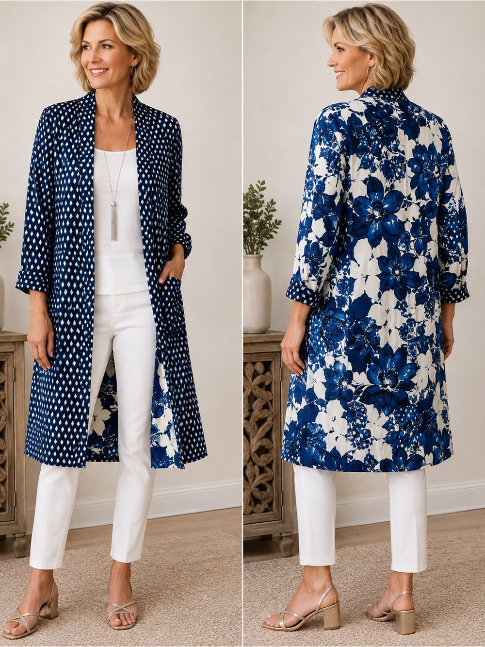 Chico’s Reversible Blue Printed Duster Coat - Picture 2 of 9